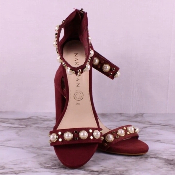 NariuWan Burgundy Pearl Studded Block Heel Sandals Size 7.5 Women's Open Toe - Picture 7 of 8